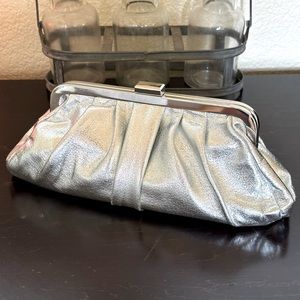 Metallic Silver Clutch Handbag with Detachable Silver Crossbody Chain